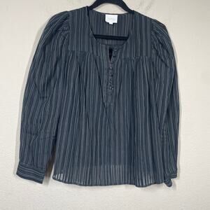 Sundays Medium Boxy Puff Sleeves Top Blouse Black Cotton Silk Blend Pinstripe